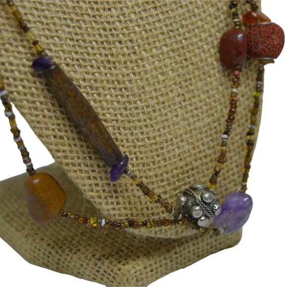 Boho Stone Beaded Earth Tone Necklace Manitee or Rope Length - Picture 4 of 10